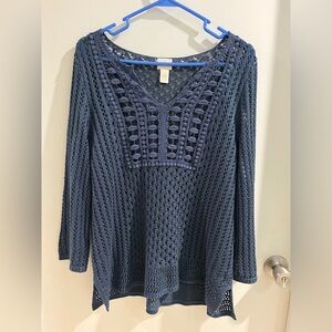 Chico's Open-Knit V-Neck Tunic in blue